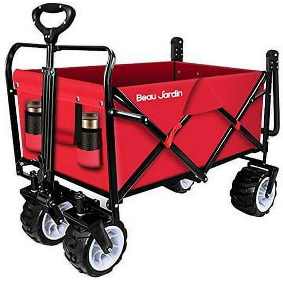 Beau Jardin Folding Push Pull Wagon Collapsible Cart 300 Pound Capacity Utility Camping Grocery Canvas Sturdy Portable Buggies Outdoor Garden Sport Heavy Duty Shopping Beach Wide All Terrain Wheel Red