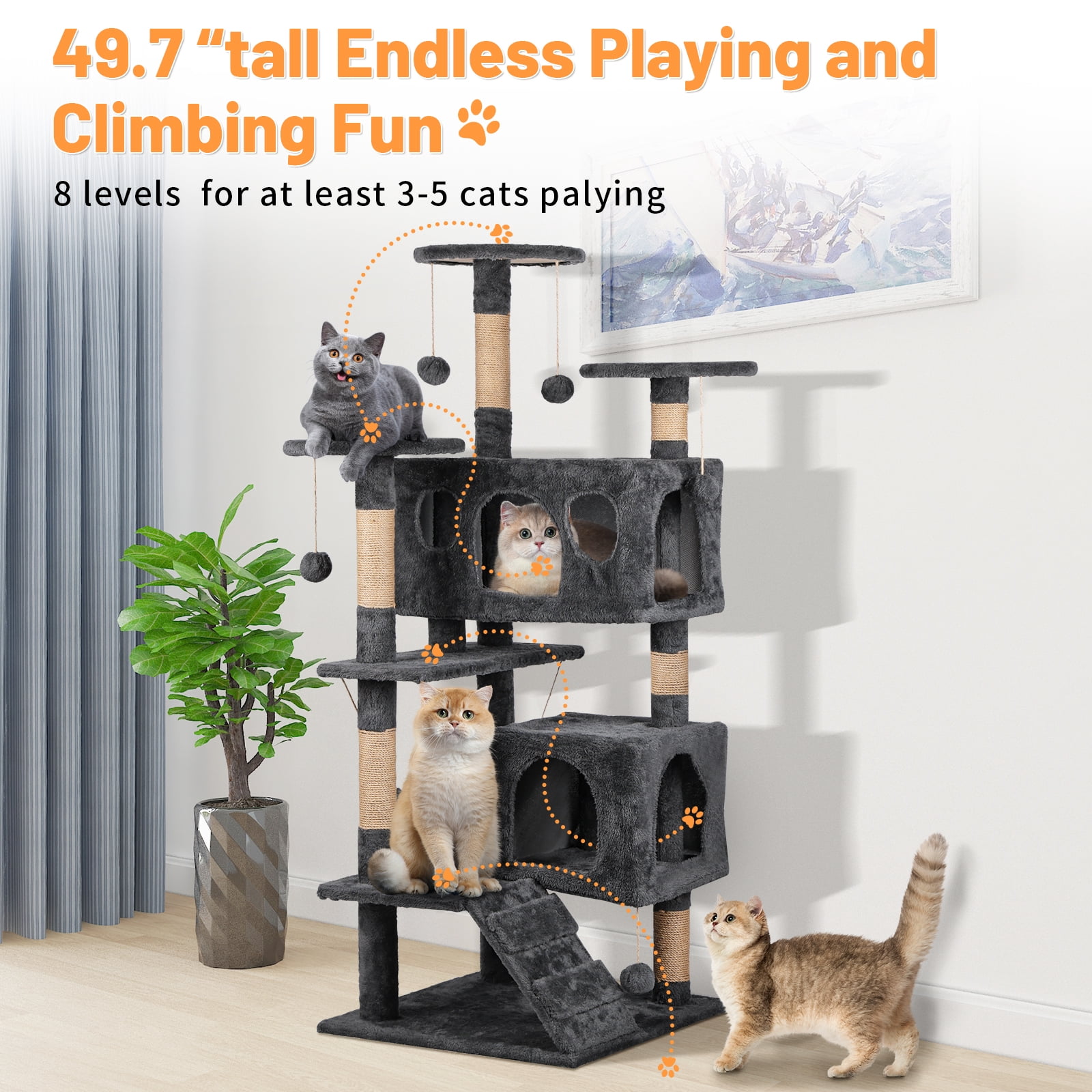 BeauGift Cat Tree, 50-Inch Cat Tower for Indoor Cats, Plush Multi-Level Cat Condo with 5 Scratching Posts,Dark Gray