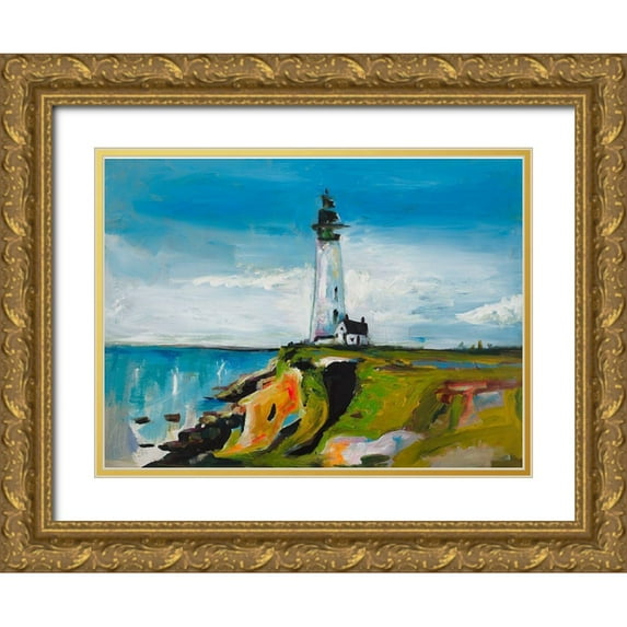 Beauchamp, Andy 24x19 Gold Ornate Wood Framed with Double Matting Museum Art Print Titled - Lighthouse on a Cliff