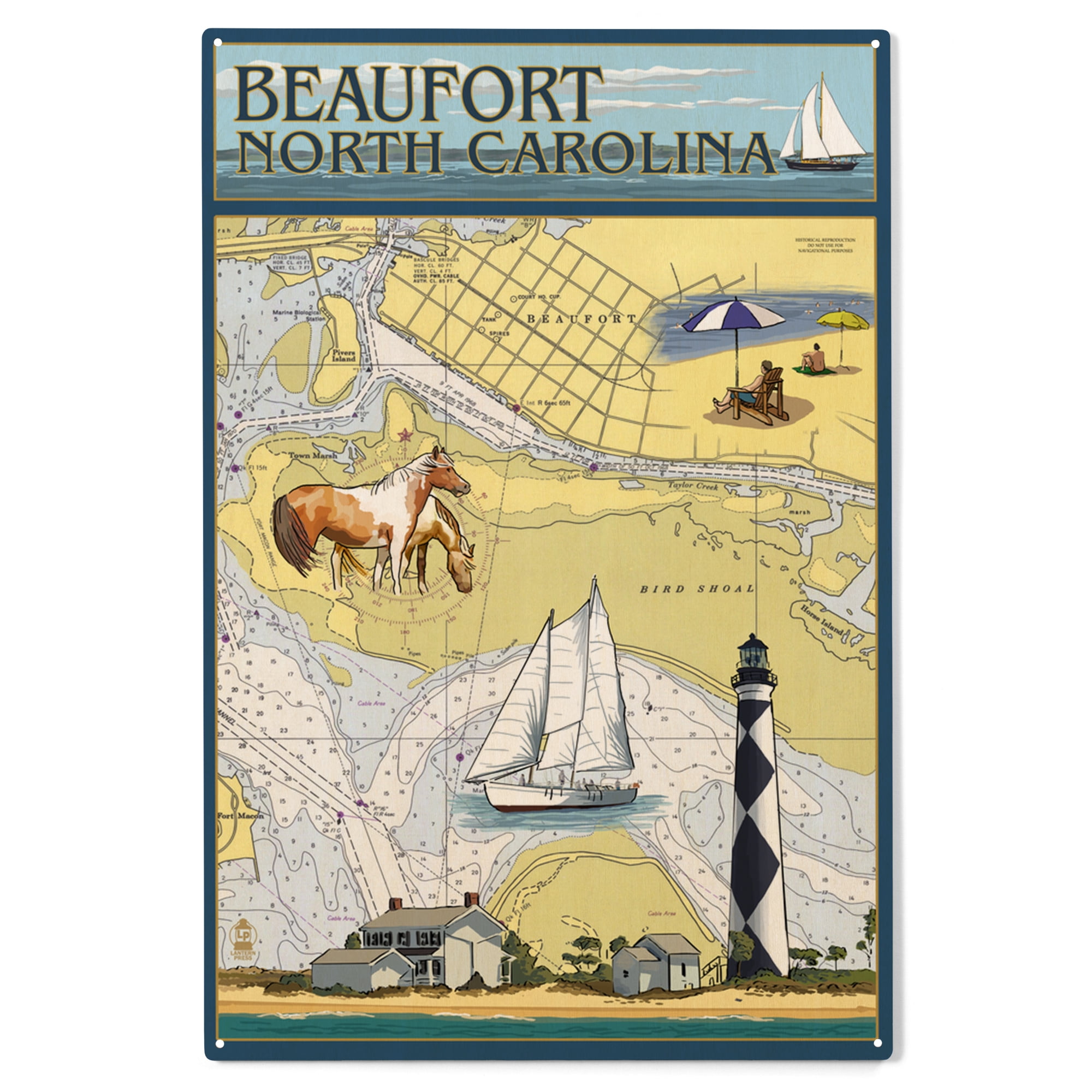 Beaufort, North Carolina, Nautical Chart Birch Wood Wall Sign (10x15