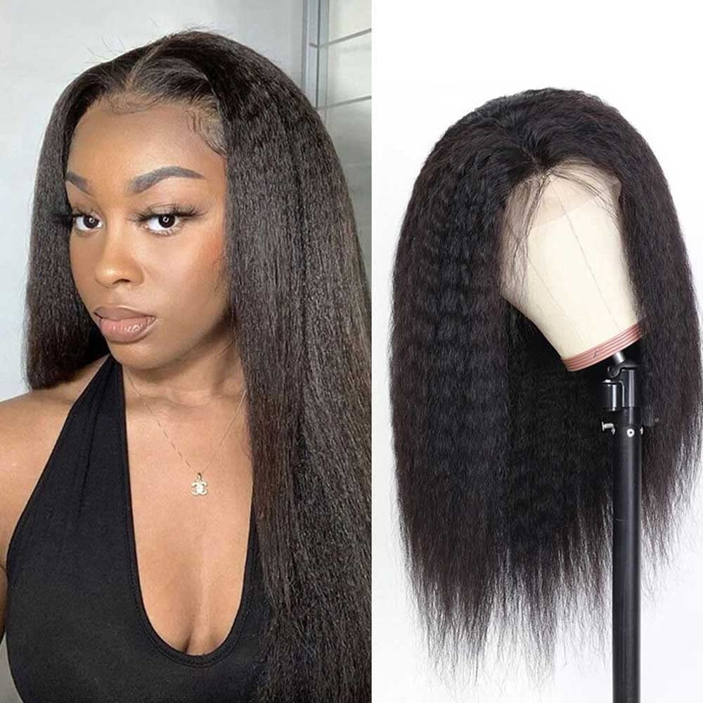 Beauhair Kinky Straight Lace Front Wigs Human Hair,Yaki Straight 13x4 HD  Transparent Lace Frontal Wig Brazilian Human Hair Wigs for Women Pre  Plucked with Baby Hair 180% Denisty Natural Color 16 Inch 