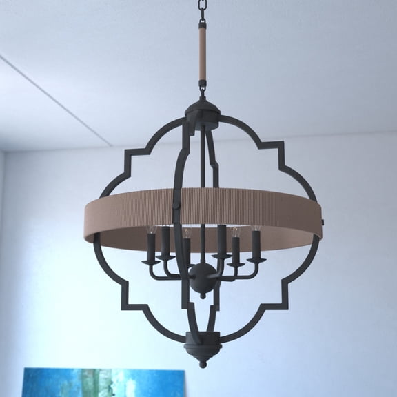 Beaumont 6L Gray and Natural Rop Farmhouse Cage Pendant Light