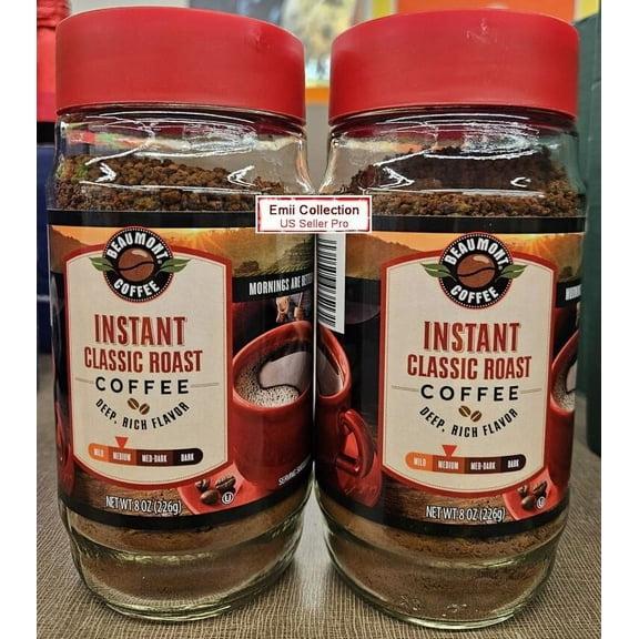 Beaumont Coffee Instant Classic Roast Medium Coffee 8oz 226g (2 Glass Bottles)