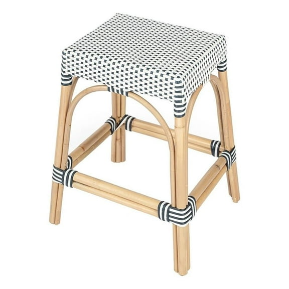 Beaumont Lane 24.5" Transitional Rattan Counter Stool in Navy Blue/White