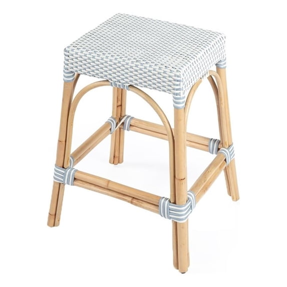 Beaumont Lane 24.5" Transitional Rattan Counter Stool in White/Sky Blue