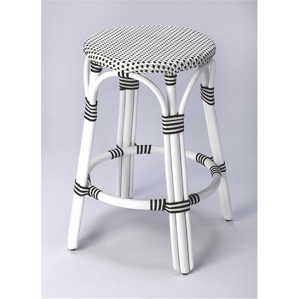 24" Black and White Rattan Counter Stool with PE Plastic Weave