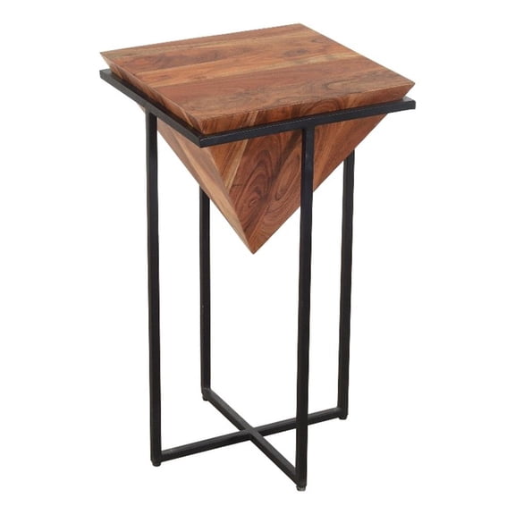 Beaumont Lane 26" Pyramid Acacia Wood Side Table Cross Iron Base in Brown