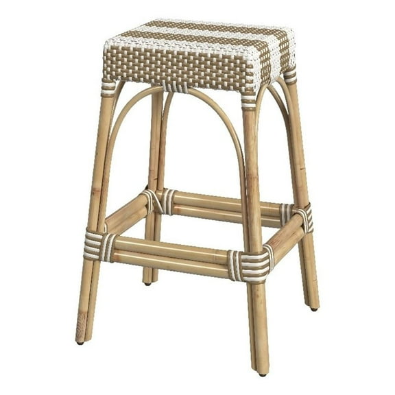 Beaumont Lane Coastal Rattan Bar Stool Chair With Square Seat & Footrest - Beige
