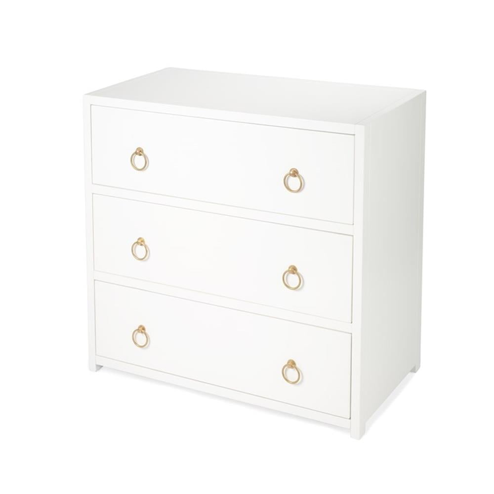 White Acacia 3-Drawer Chest with Gold Metallic Hardware