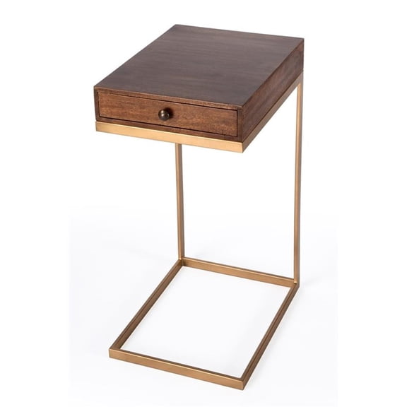 Beaumont Lane Mid-Century 1 Drawer Walnut And Gold Iron C Shaped End Table