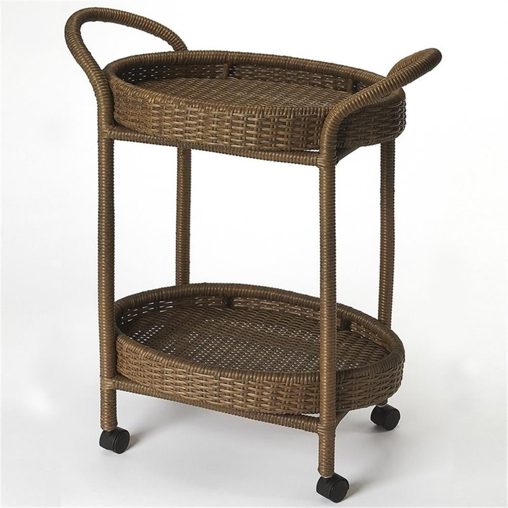 Brown Oval Rattan Bar Cart with Woven Baskets