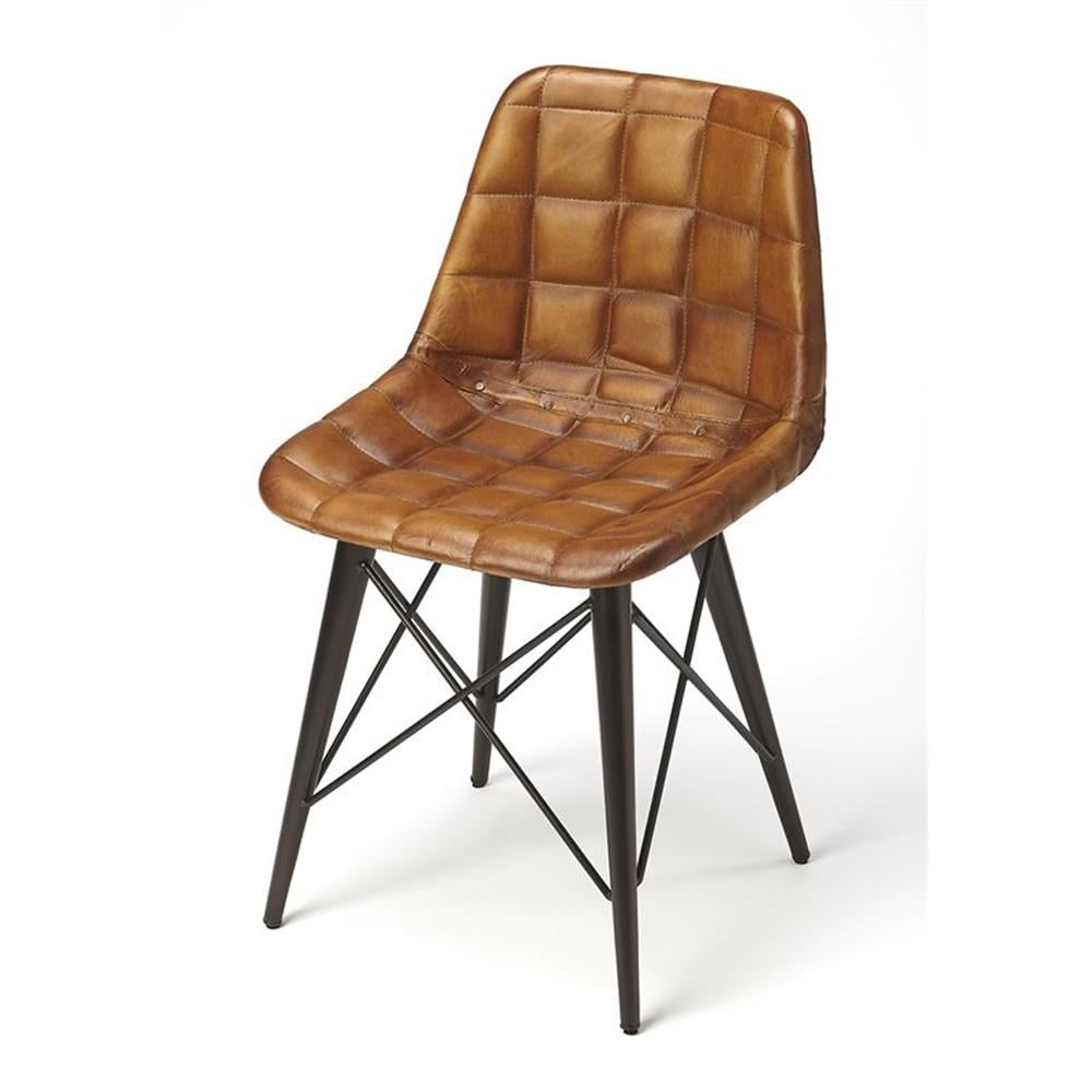 Brown Tufted Leather Side Chair with Black Metal Legs