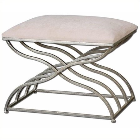 Beaumont Lane Satin Metal Nickel Small Bench in Plush Ivory