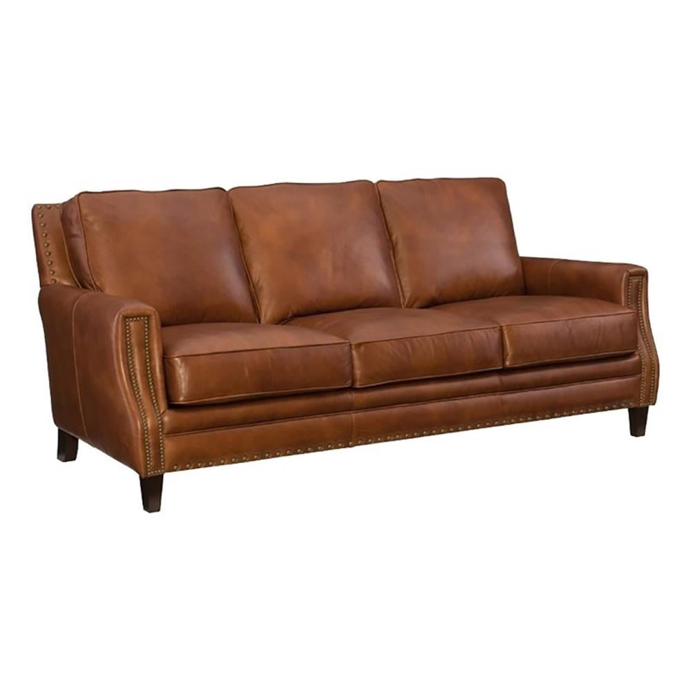 Beaumont Lane Upholstered Traditional Leather Sofa with Nailhead Trim in Brown