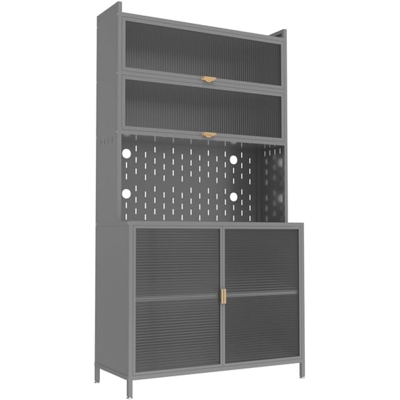 Beaunicorn 73’ Tall 6-Tier Steel Storage Cabinet - Spacious Kitchen Pantry with Adjustable Shelves, Pegboards, and Flip-Up Doors for Efficient Storage in The Kitchen, Garage, Or Office!(Grey)