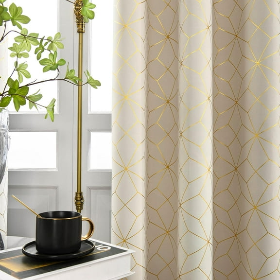 Beauoop 100% Blackout Curtains 84 Inches Long for Bedroom Living Room Moroccan Gold Patterned Drapes Thermal Insulated Grommet Top Window Treatment Panels Set of 2, Beige/Gold
