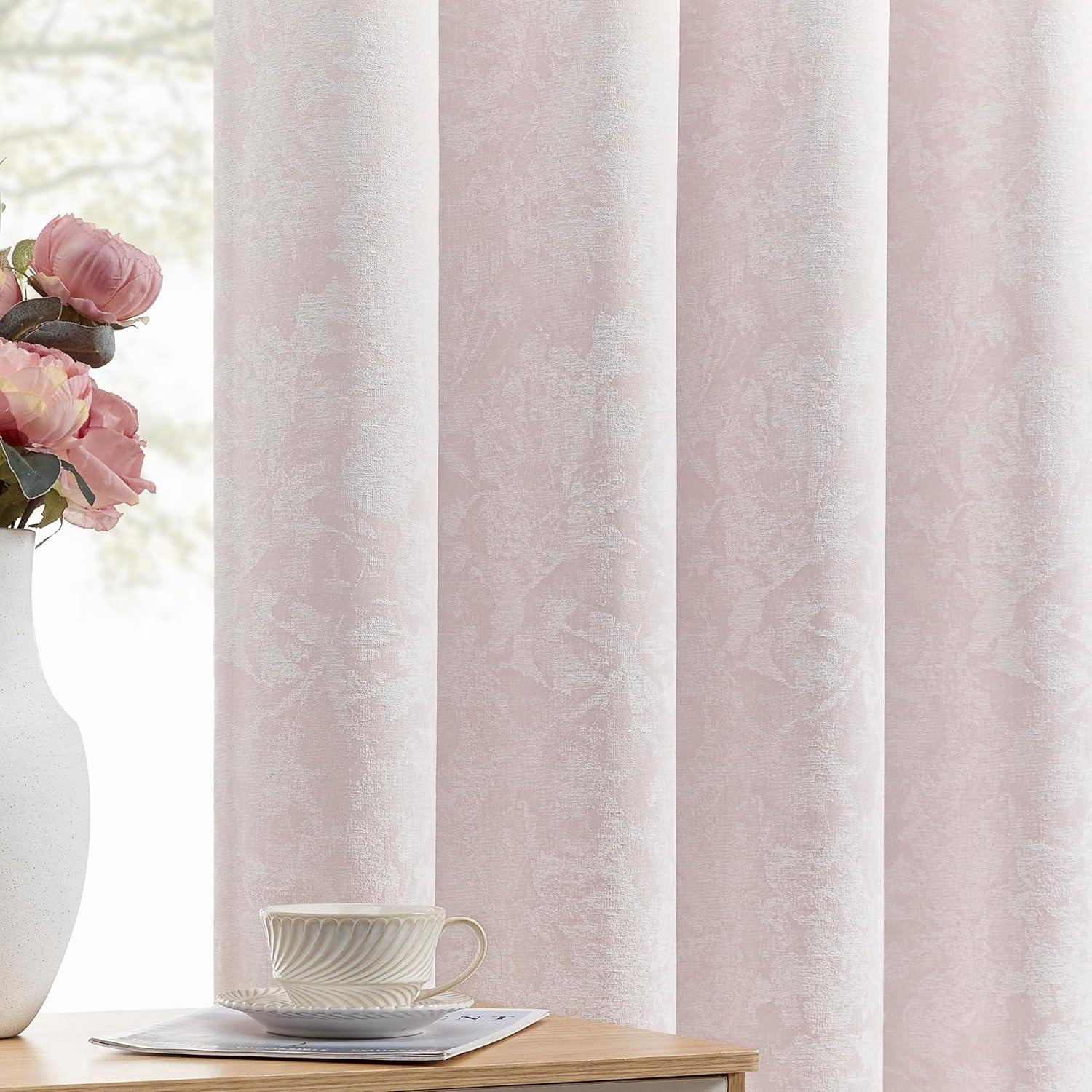 Beauoop Pink Floral Jacquard Blackout Curtains 90 Inches Long 2 Panels ...