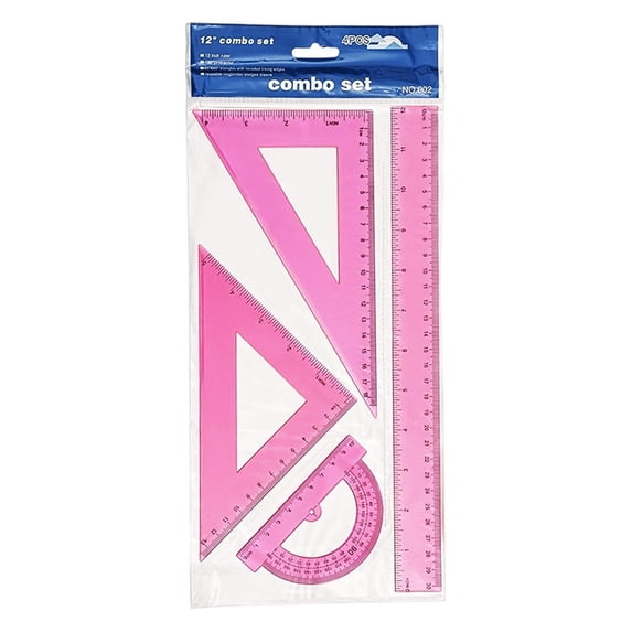 Beauos Pink Geometry Ruler with Protractor and Triangle Rulers, Plastic Drafting Measuring Tool for Office Home (1Pcs, 12In)
