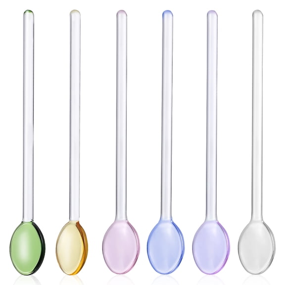Beaupretty 6Pcs Glass Stirring Spoons Long Handles for Coffee Tea and Ice Cream Multi Color