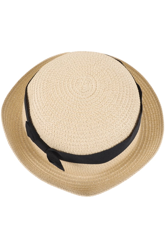 Womens Straw Beach Hat Dome Style Foldable with Wide Brim and Bowknot Beige
