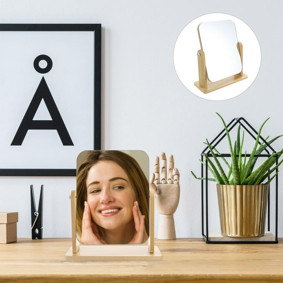 Beaupretty Compact Beige Swivel Mirror with Wood Stand for Dressing Table and Bathroom