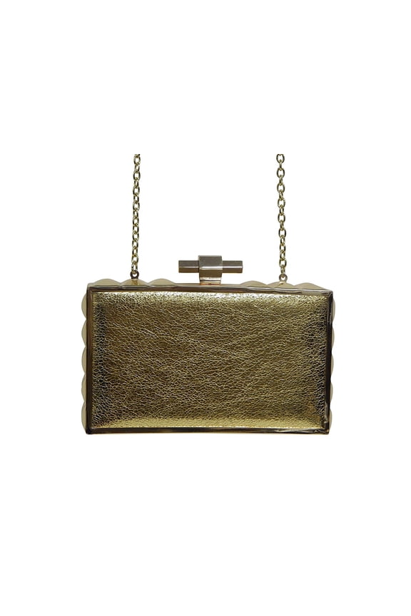 Beaute Bags Box Frame Hard Shell Clutch Evening Bag in Vegan Leather with Studded Metal Frame and Detachable Shoulder Strap (Gold)