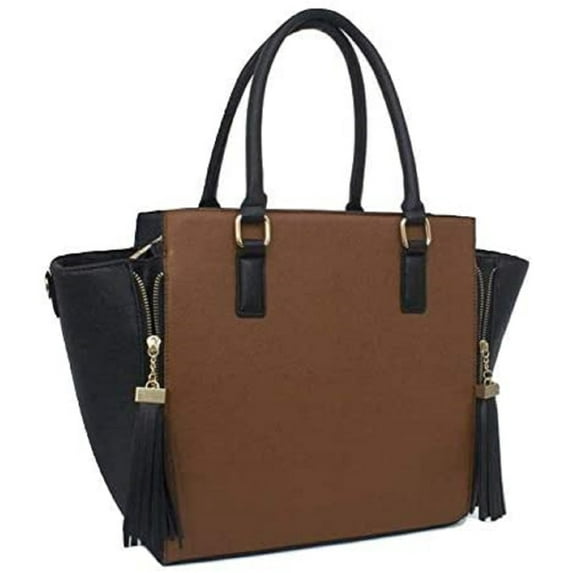 Beaute Fashion Adult Women Large Trapeze Vegan Leather Shoulder Tote Top-Handle Tassel Pull Handbag (Smooth Cognac/Black)