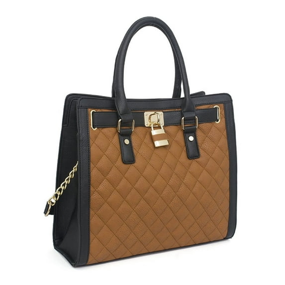 Beaute Fashion Adult Women Metro Large Padlock Tote Vegan Leather Handbag (Cognac-Black Quilted)