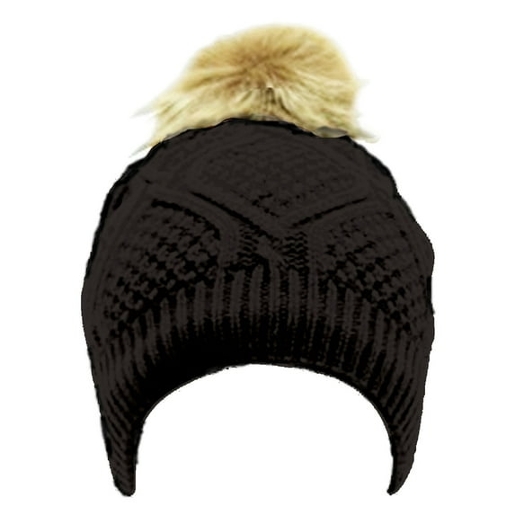 Beaute Fashion Adult Women Pom Beanie Hat with Faux Fur Pom Pom Fleece Lined, USA COMPANY (Black)
