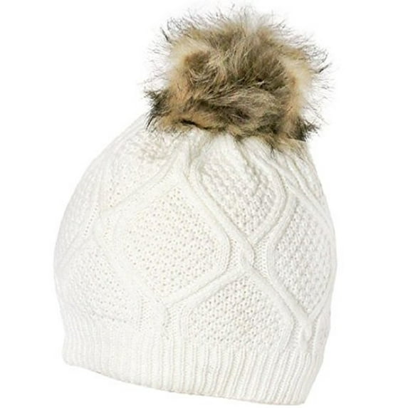 Beaute Fashion Adult Women Pom Beanie Hat with Faux Fur Pom Pom Fleece Lined, USA COMPANY (Ivory)