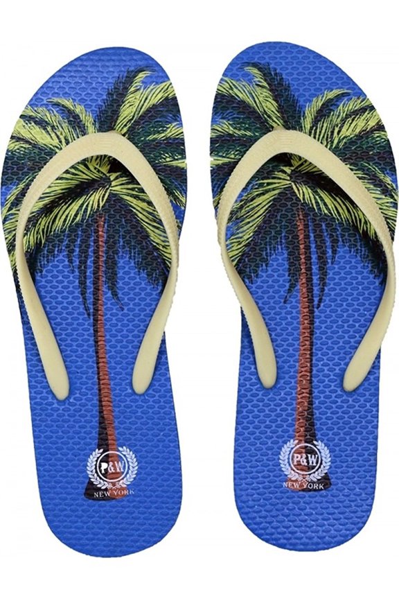 Adult Women Trendy Tropical Print Flip Flops Desert Resort Travel Thong Sandal Slipper (Size Medium, Blue Palm Tree)