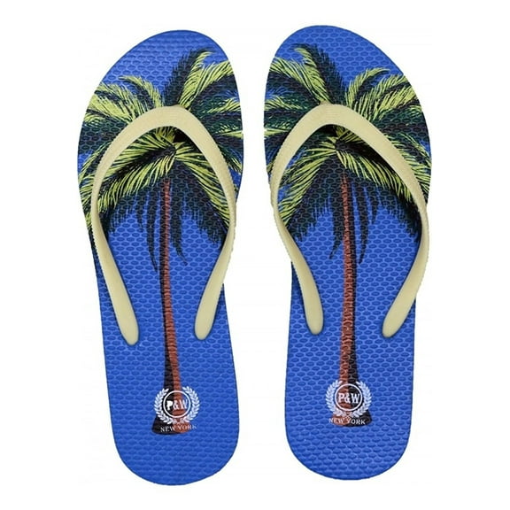 Beaute Fashion Adult Women Trendy Tropical Print Flip Flops Desert Resort Travel Thong Sandal Slipper (Size Medium, Blue Palm Tree)