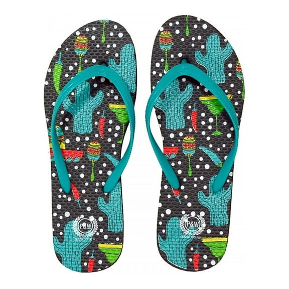 Beaute Fashion Adult Women Trendy Tropical Print Flip Flops Desert Resort Travel Thong Sandal Slipper (Size X-Large, Turquoise Cactus Tequila)