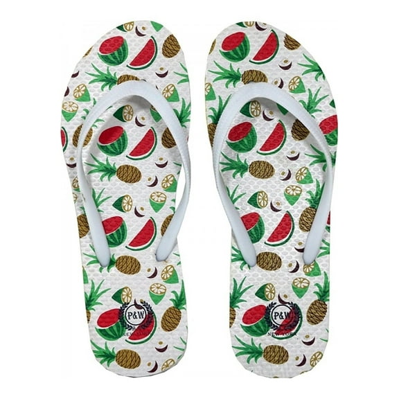 Beaute Fashion Adult Women Trendy Tropical Print Flip Flops Desert Resort Travel Thong Sandal Slipper (Size XL, White Tropical Fruit)