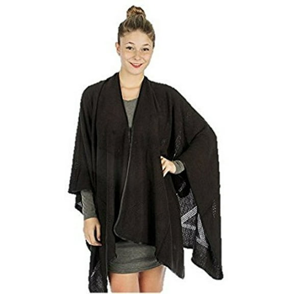 Beaute Fashion Adult Women's Draped Ruana and Cape (Black-Satin Trim)