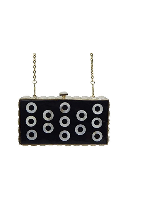 Mother of Pearl Crystal Adult Women Clutch Box Frame Clutch Evening Bag Detachable Strap (Black)