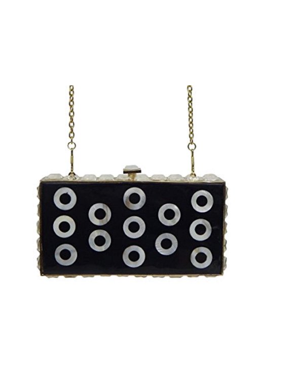 Mother of Pearl Crystal Adult Women Clutch Box Frame Clutch Evening Bag Detachable Strap (Black)