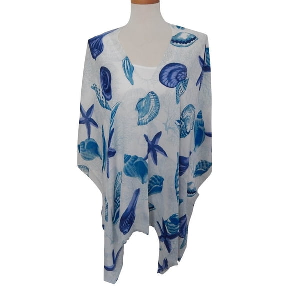 Beaute Fashion Resort Wear V-Neck Tunic Top Poncho Ruana Cover Up (Blue Sea Foam Shells)