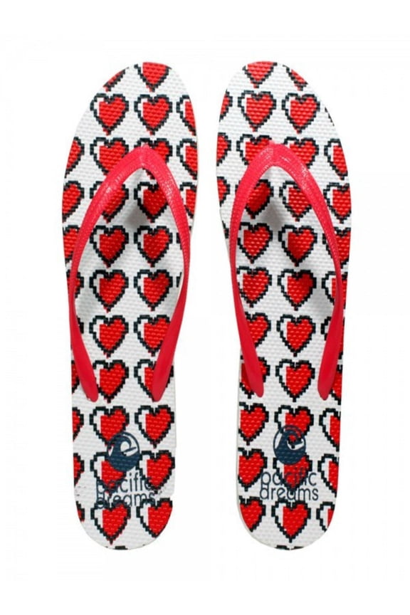 Trendy Emoji Hashtag Heart Social Media Adult Women Flip Flops Thong Sandal Slipper (Size Large, Red Hearts)
