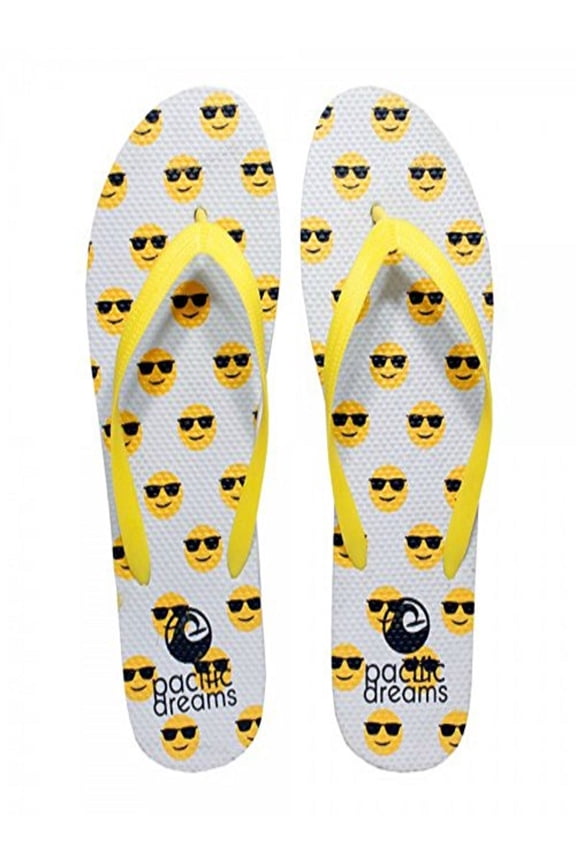 Trendy Emoji Hashtag Heart Social Media Adult Women Flip Flops Thong Sandal Slipper (Size Large, Yellow Smiley Sunglasses)