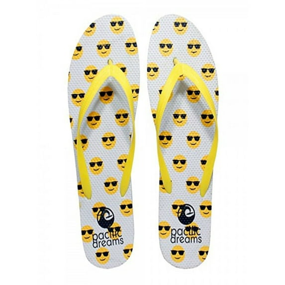Beaute Fashion Trendy Emoji Hashtag Heart Social Media Adult Women Flip Flops Thong Sandal Slipper (Size Medium, Yellow Smiley Sunglasses)