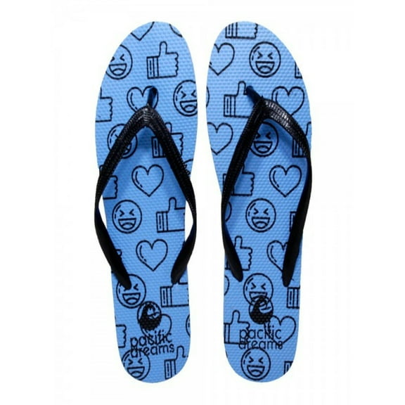 Beaute Fashion Trendy Emoji Hashtag Heart Social Media Adult Women Flip Flops Thong Sandal Slipper (Size X-Large, Blue Like Thumb's Up)