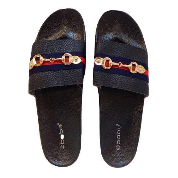 Beaute Fashion Trendy Horse-Bit Buckle Adult Women Sport Slides Flip Flop Slip-on Sandals (Size 6, Navy/Red)