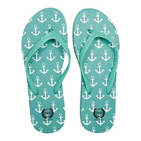 Beaute Fashion Trendy Nautical Sailboat Anchor Starfish Flip Flops Mermaid Adult Women Thong Sandal Slipper (Size Large, Turquoise Anchor)