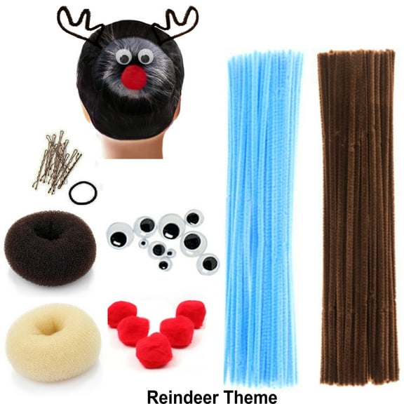Beaute Galleria Bundle Chenille Stems Pipe Cleaners with Pompoms, Wiggle Eyes, Hair Bun Maker, Bobby Pins for Kids Arts and Crafts (Reindeer)
