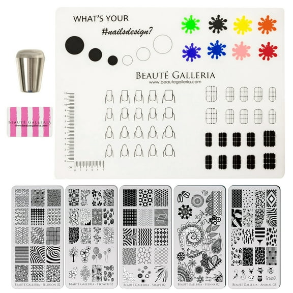 Beaute Galleria Bundle Nail Art Stamping Set - 5 Styles of Premium Etched Stamping Plates Image Templates, Silicone Nail Mat, Nail Stamper, Plate Scraper and Instruction Card