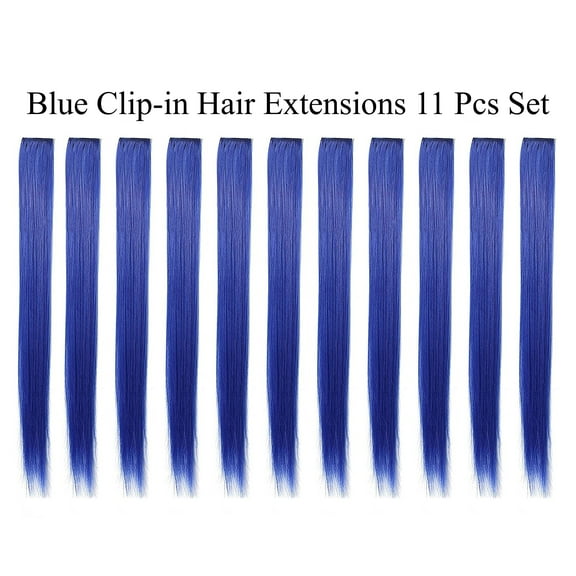 Beaute Galleria Single Color 21 inches Long Straight Party Highlights Clip In Synthetic Hair Extensions, Costume Cosplay, 11 Pack (Blue)