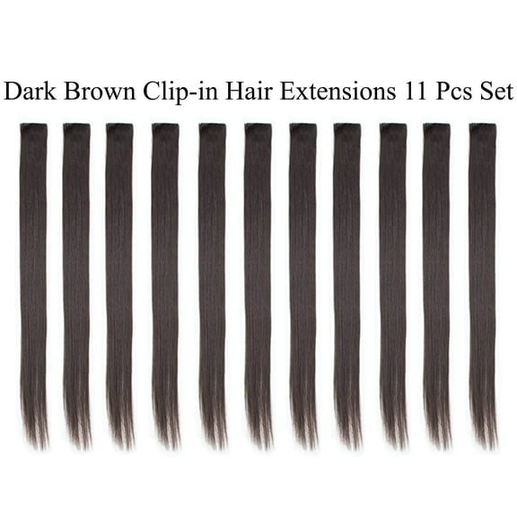 Beaute Galleria Single Color 21 inches Long Straight Party Highlights Clip In Synthetic Hair Extensions, Costume Cosplay, 11 Pack (Dark Brown)