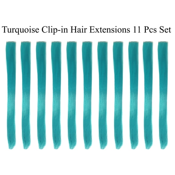 Beaute Galleria Single Color 21 inches Long Straight Party Highlights Clip In Synthetic Hair Extensions, Costume Cosplay, 11 Pack (Turquoise)