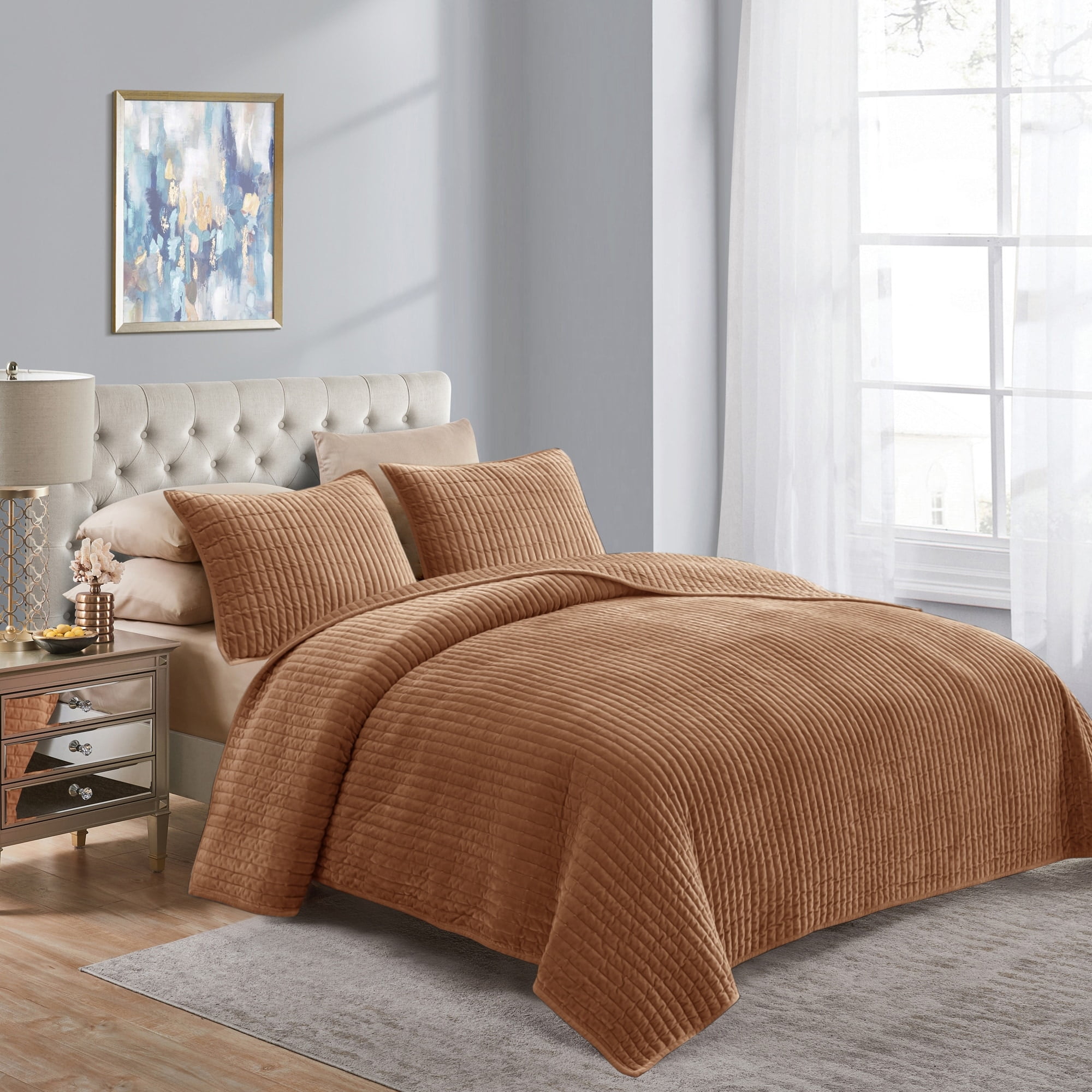 Beaute Living Velvet 3 Piece Quilt Set Carmel Full Queen